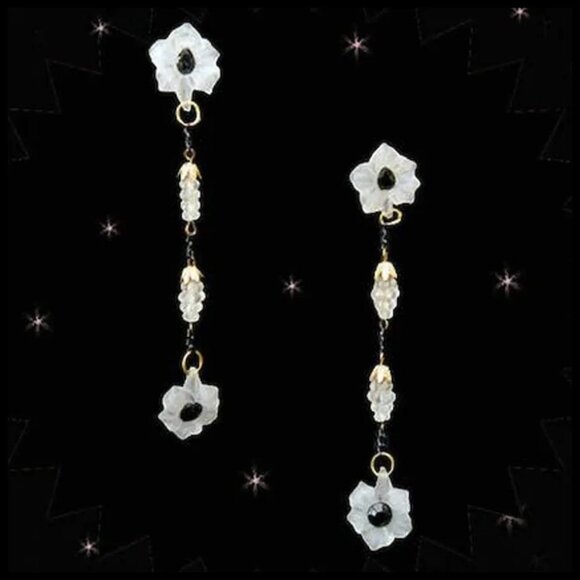 White & Black Earrings Long Dangles Lalique Look Lily, OOAK Recycled Vintag - Picture 2 of 11